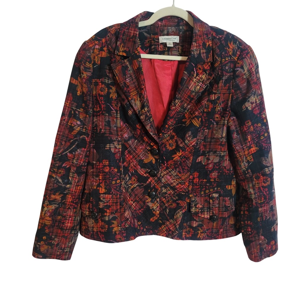 Coldwater Creek Womens 16‎ Floral Plaid Flocked Blazer Jacket Red Black Autumnal